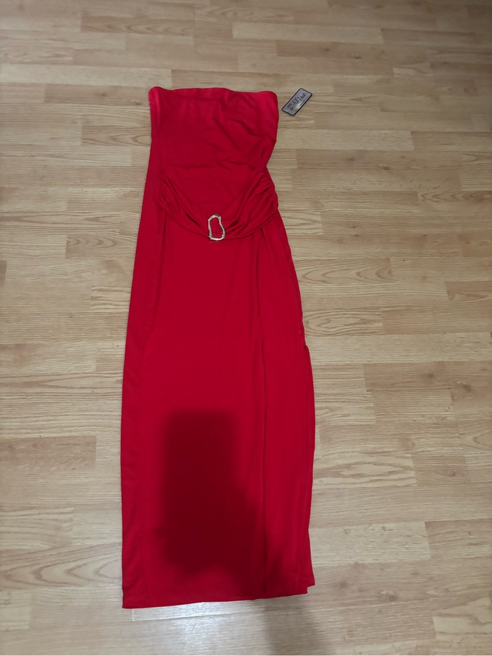 Madden Girl Strapless Red Midi Dress with Rhinestone Buckle